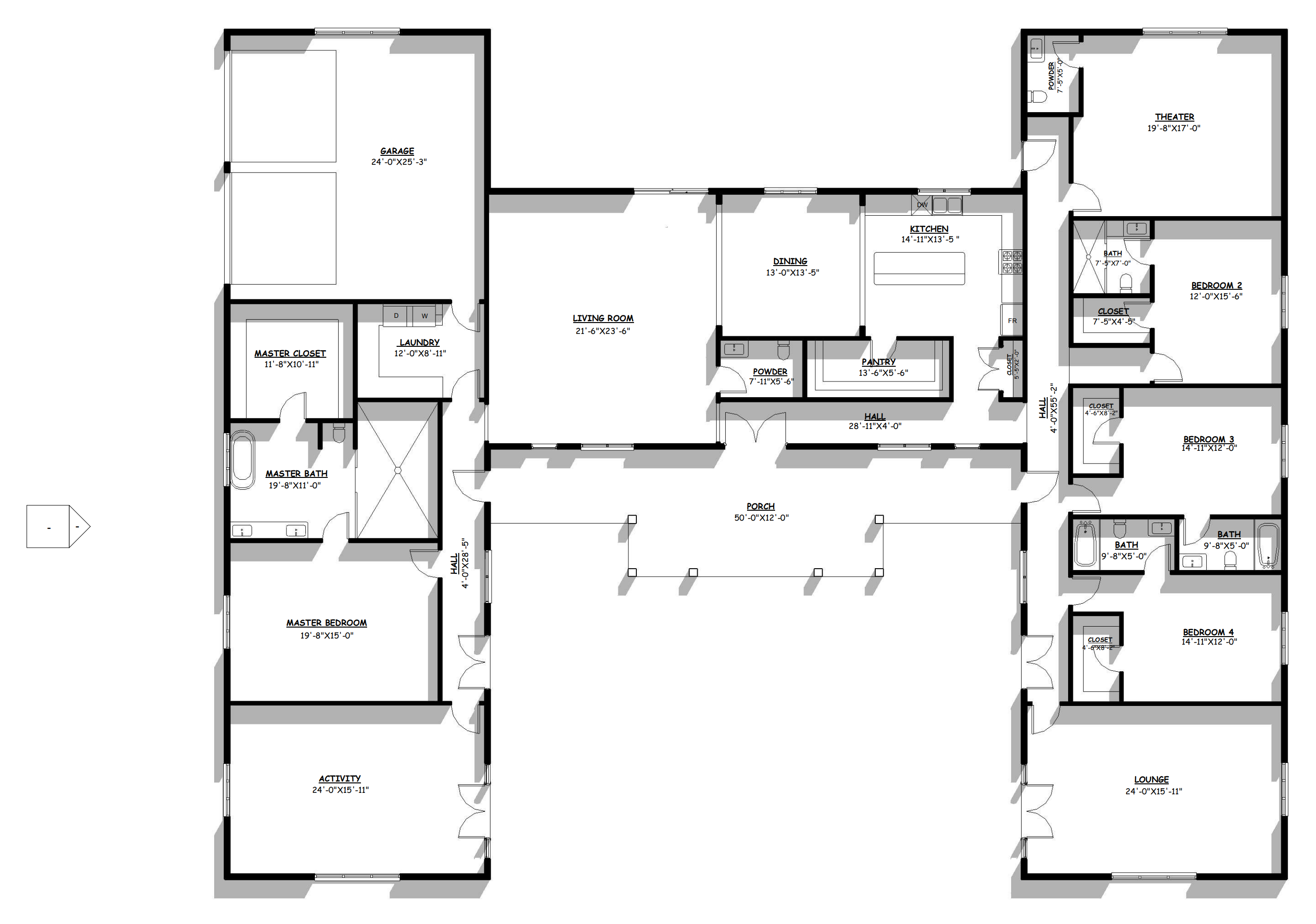 HB-40501 Bernice H-shaped barndominium floor plan showing both wings and the center connector