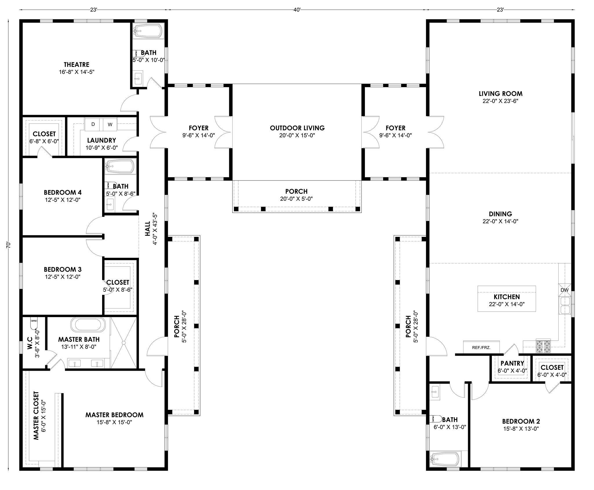 HB-40502 H-shaped barndominium floor plan showing both wings and the center connector