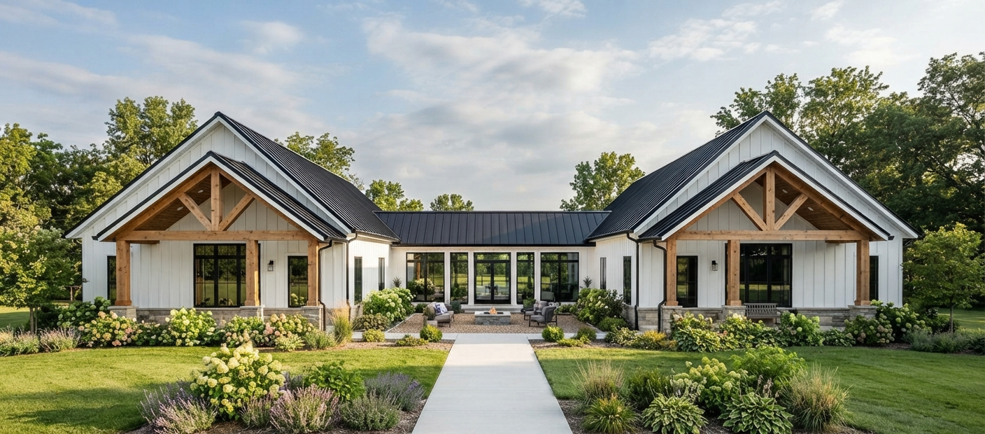 HB-40503 H-shaped barndominium rendering