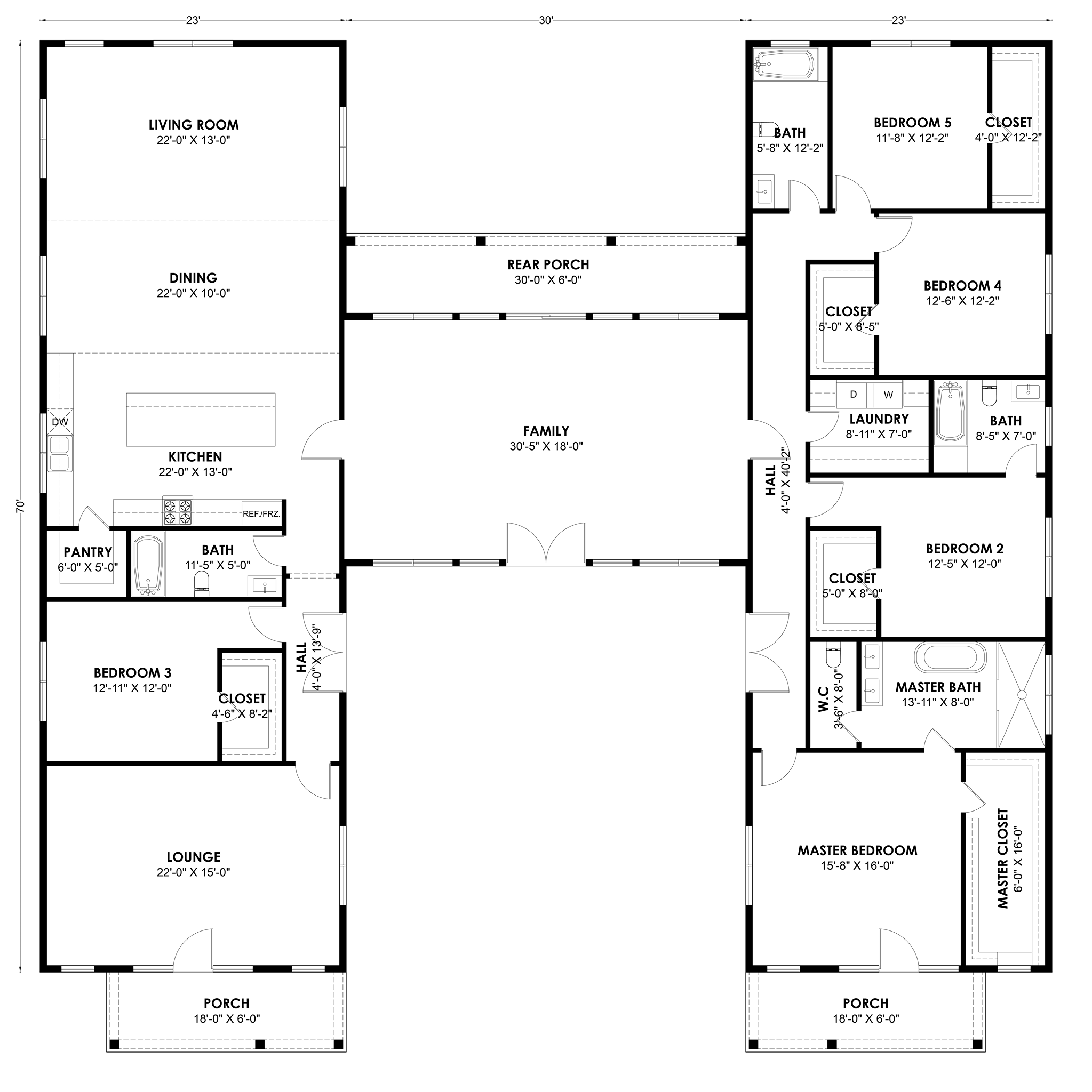 HB-40503 H-shaped barndominium floor plan showing both wings and the center connector