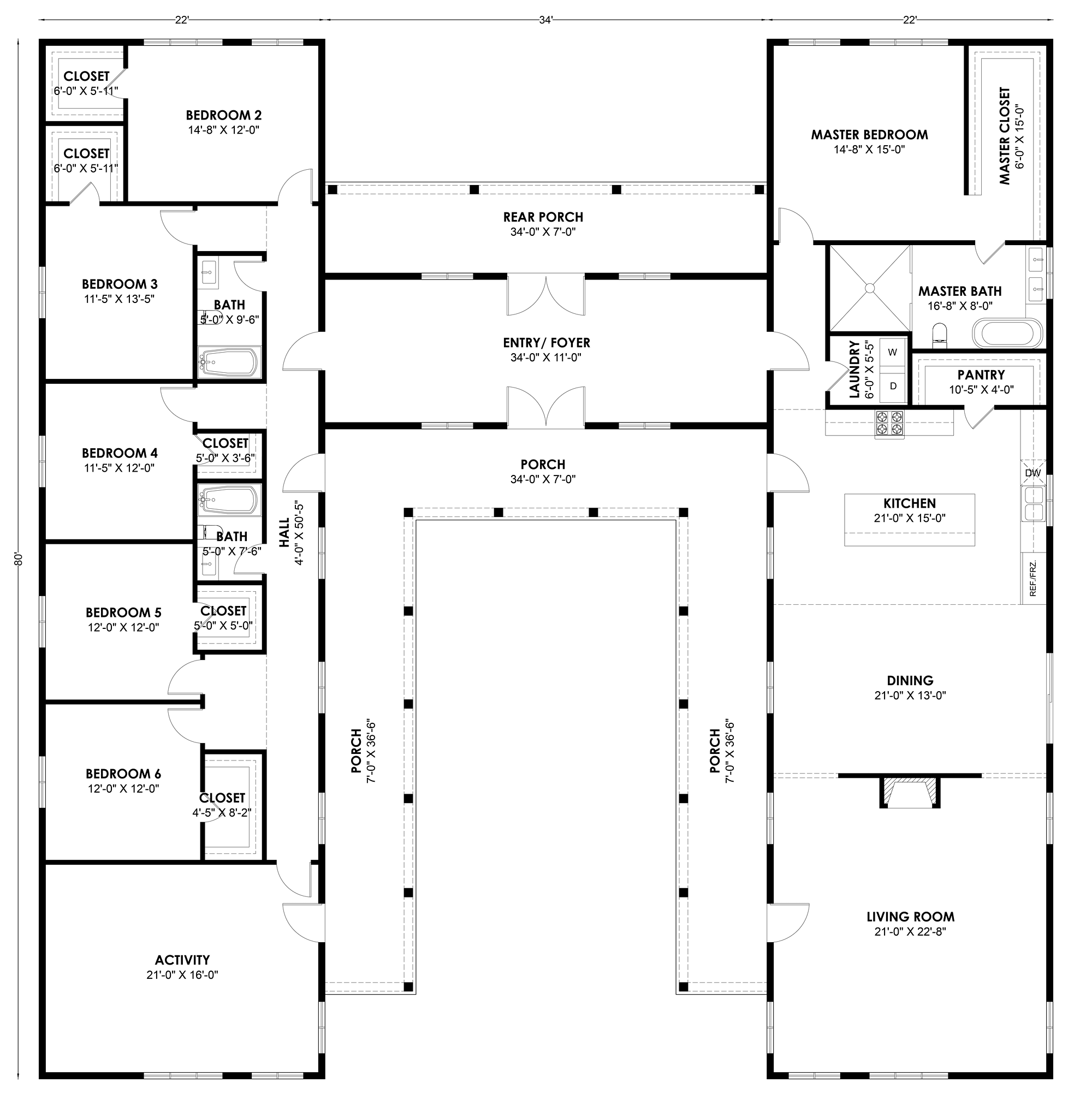 HB-40504 H-shaped barndominium floor plan showing both wings and the center connector