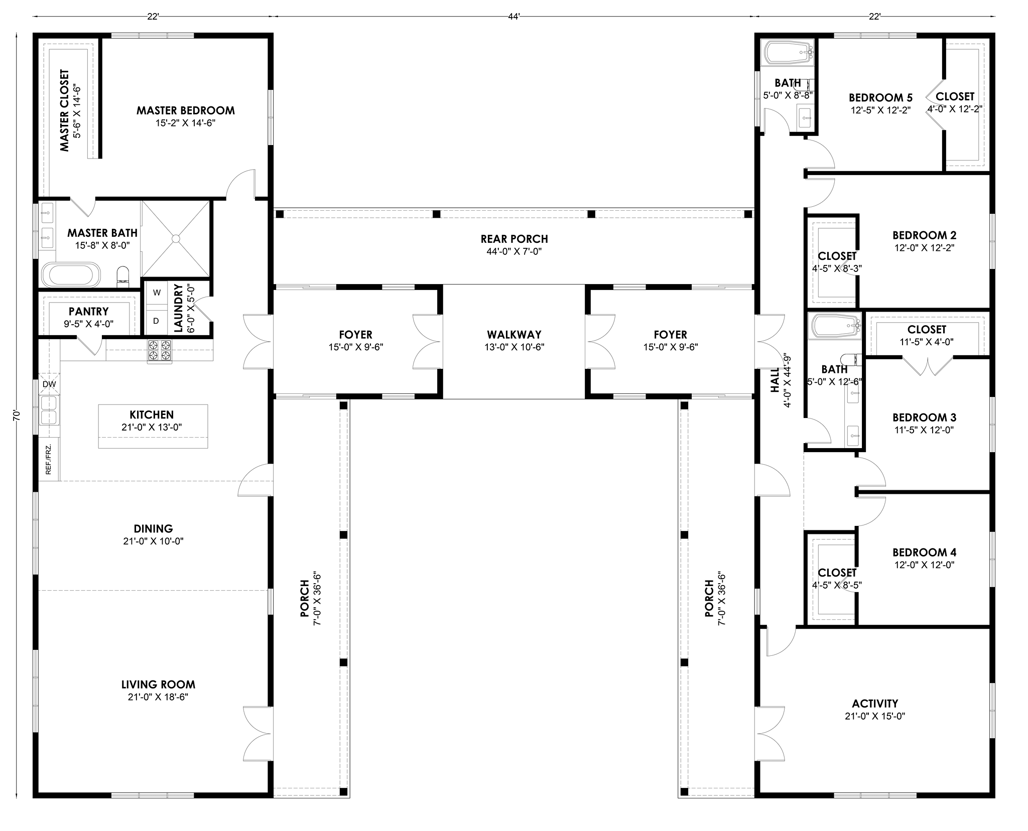 HB-40505 H-shaped barndominium floor plan showing both wings and the center connector