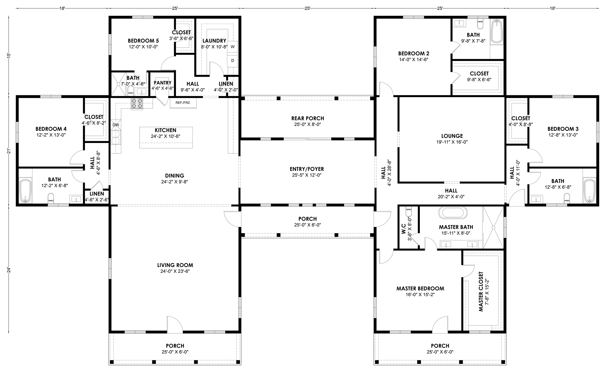 HB-40506 H-shaped barndominium floor plan showing both wings and the center connector