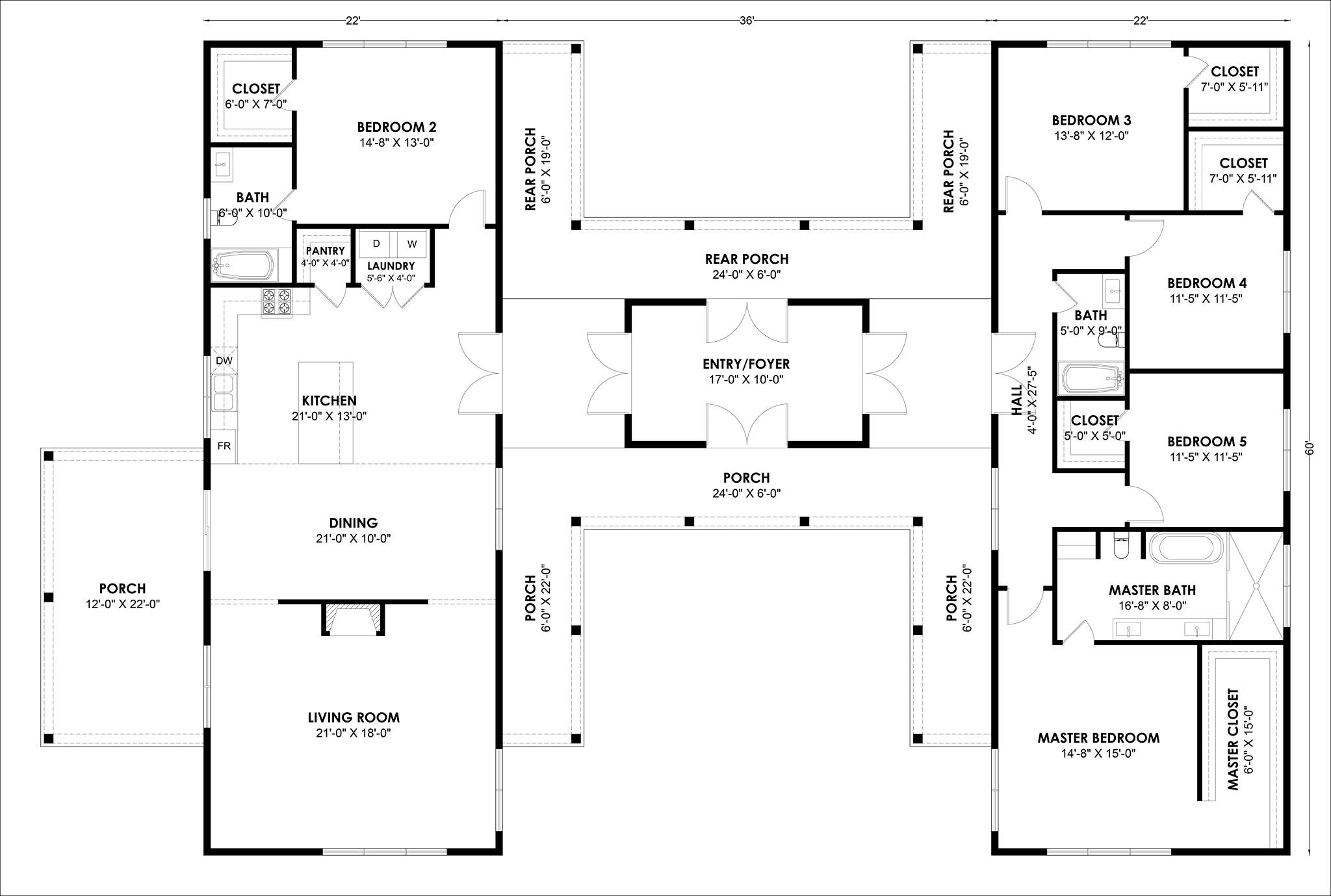HB-40507 H-shaped barndominium floor plan showing both wings and the center connector