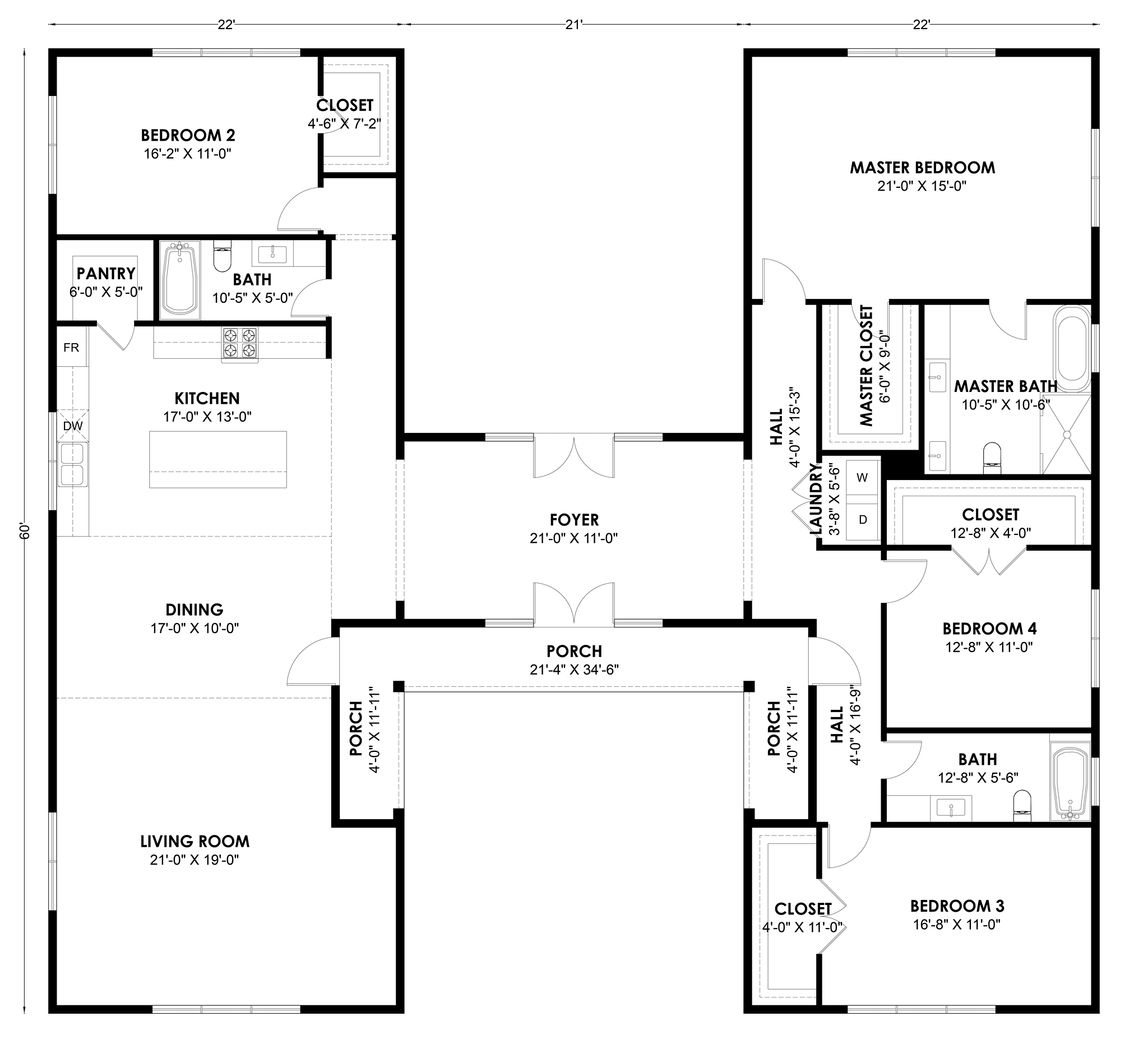 HB-40508 H-shaped barndominium floor plan showing both wings and the center connector