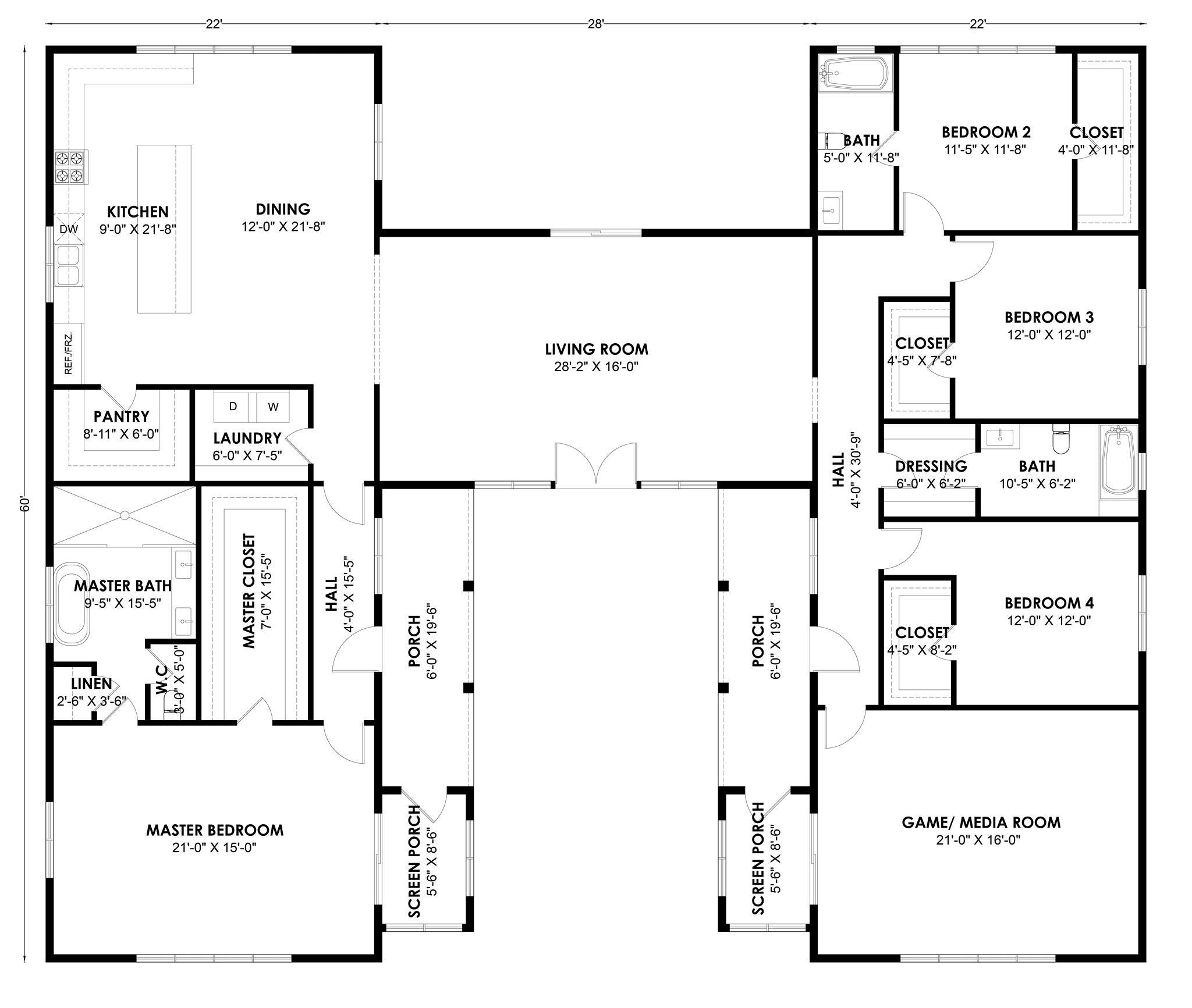 HB-40509 H-shaped barndominium floor plan showing both wings and the center connector
