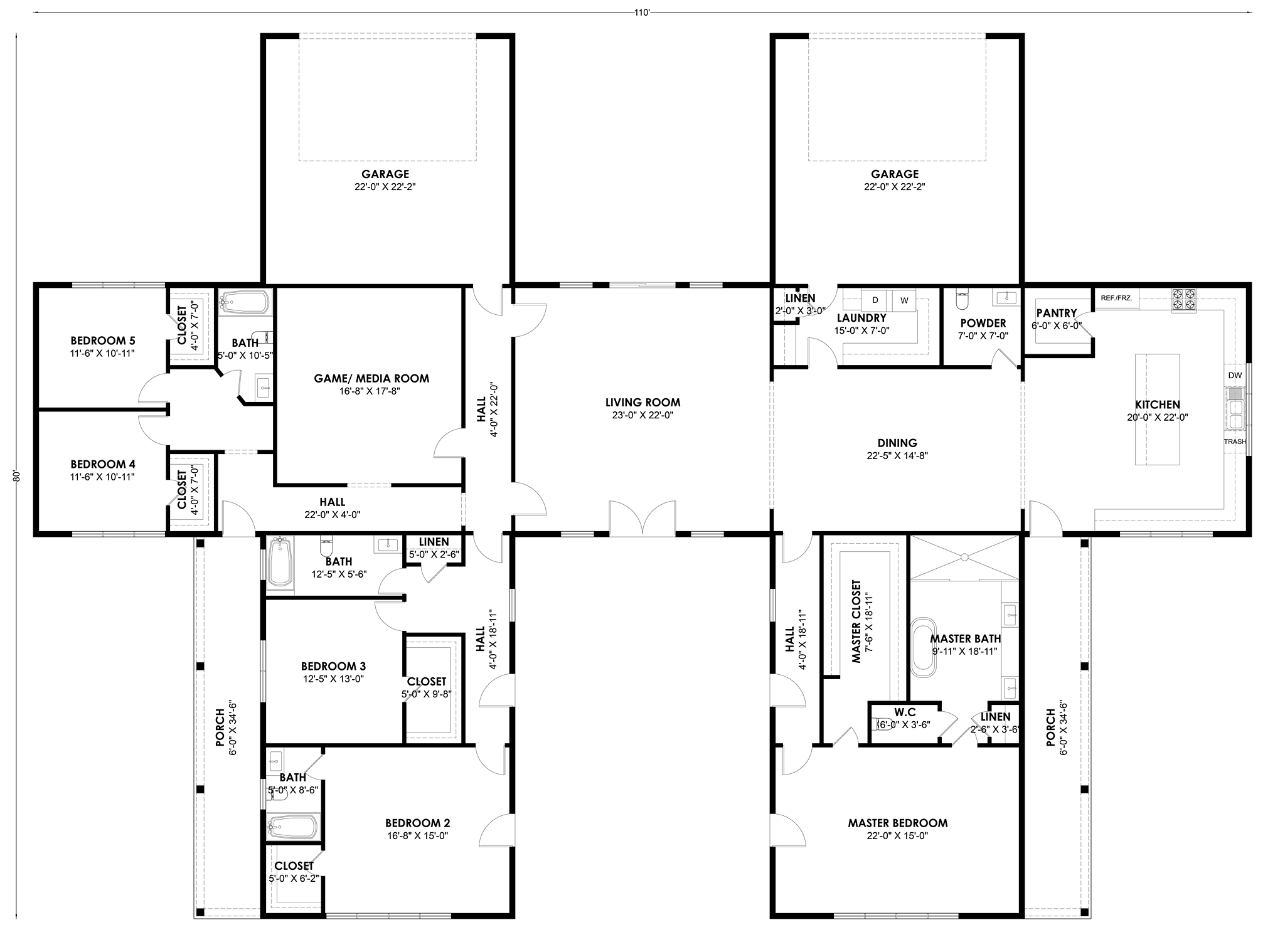 HB-40510 H-shaped barndominium floor plan showing both wings and the center connector