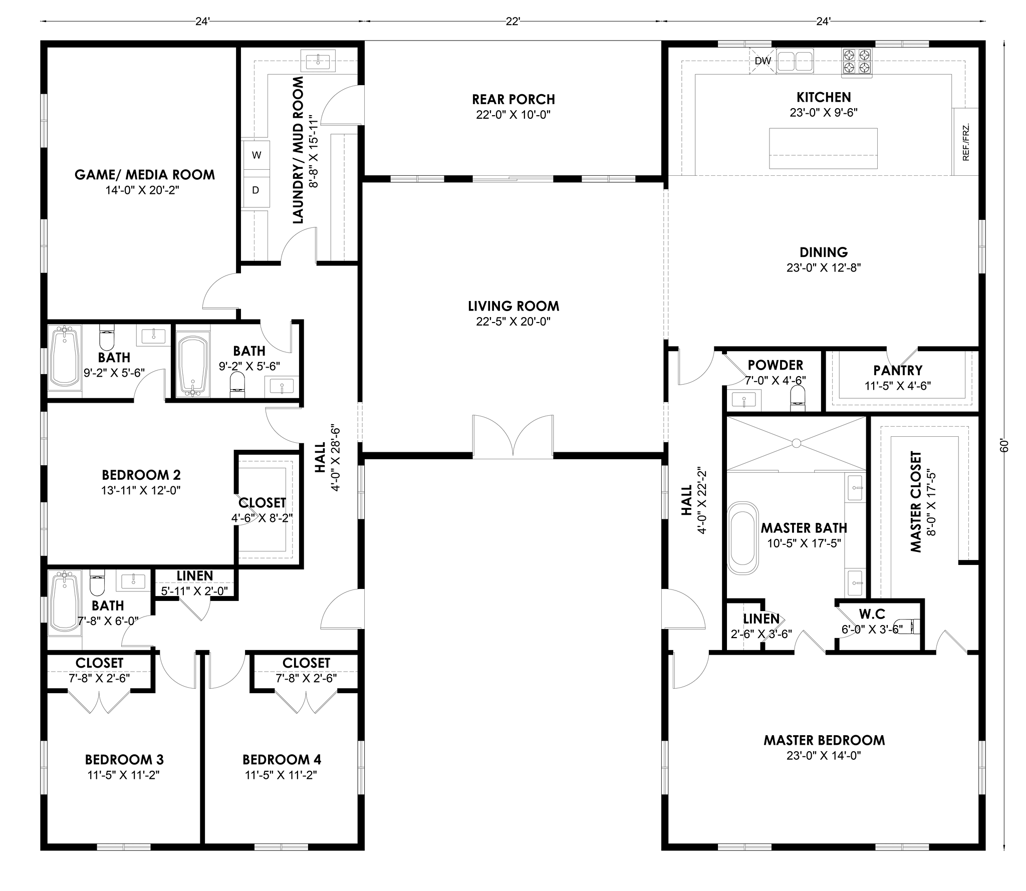 HB-40511 H-shaped barndominium floor plan showing both wings and the center connector